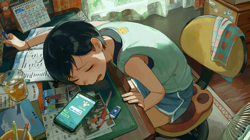 Anime girl sleeping on desk with books and phone