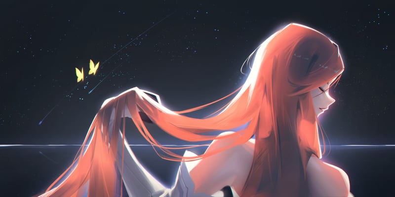 Original character with long red hair and butterflies