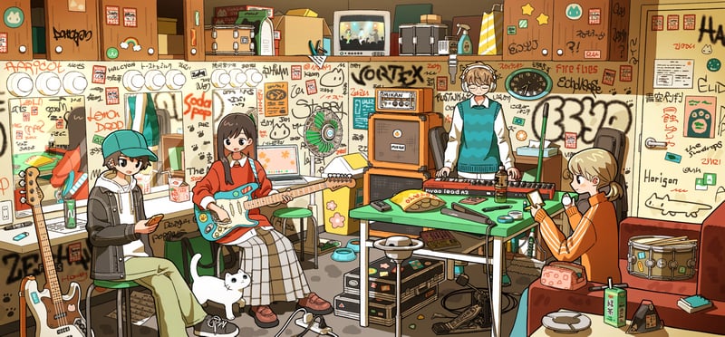 Anime girls and boys playing music in a cluttered room