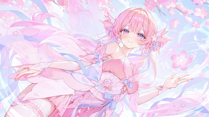 Emiphoria in a pink dress with cherry blossoms