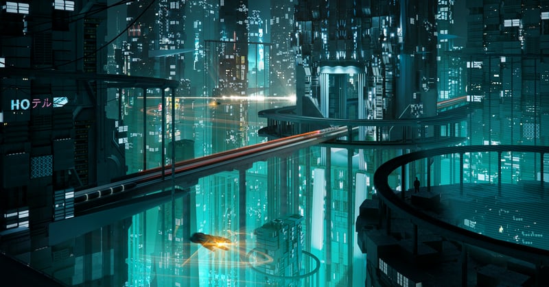 Futuristic cyberpunk cityscape with glowing lights and reflections