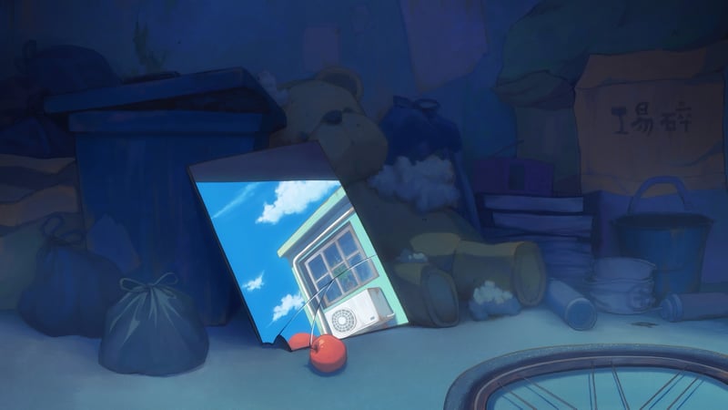 Scissor Sevens reflection in a broken mirror with teddy bears and trash