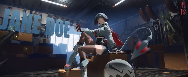 Jane Doe (Zenless Zone Zero) sitting in a workshop