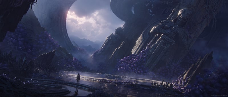 Alien landscape with a lone figure and purple flora