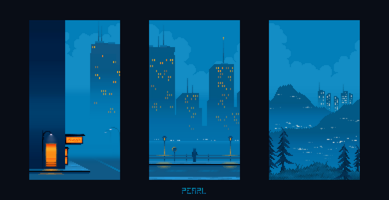 Pixel art collage of cityscapes at night