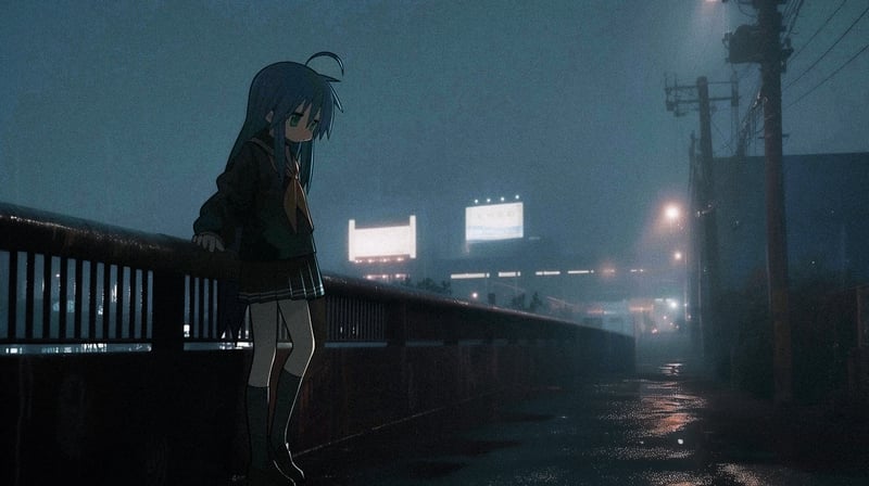 Izumi Konata standing on a bridge at night