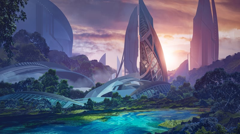 Futuristic city with skyscrapers and greenery