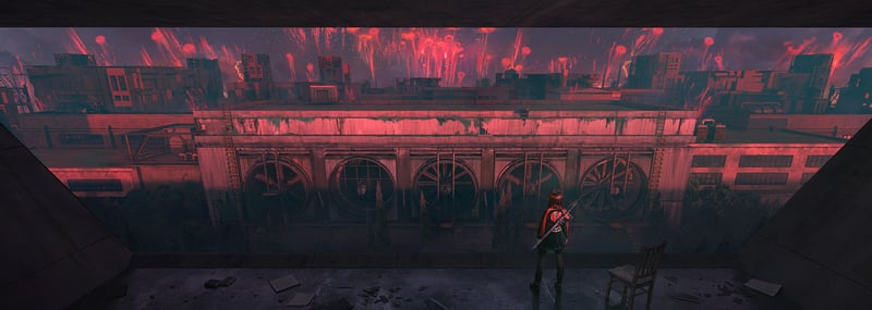 Girl with sword in front of industrial fans and red sky