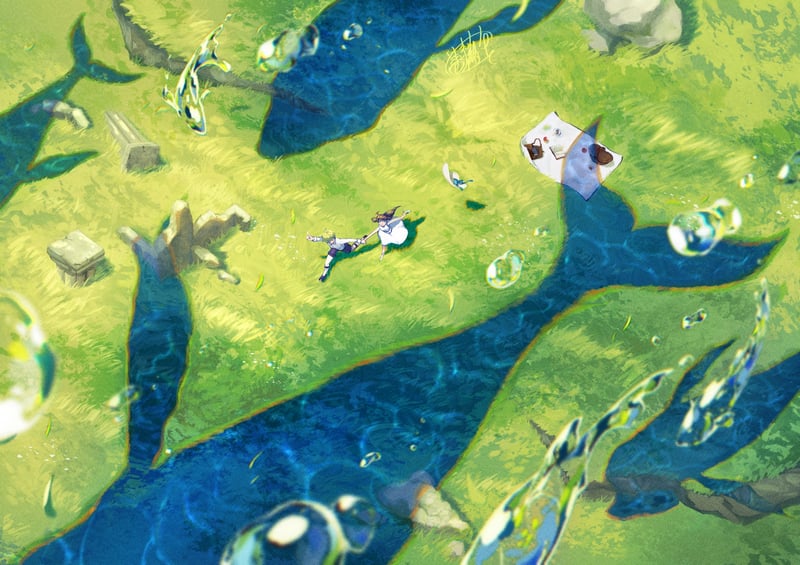 Anime girls and boys running through a green landscape with flying whales