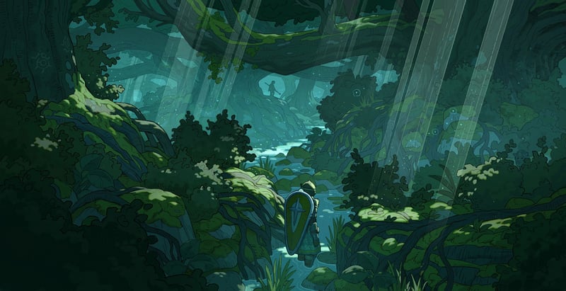 Video game art of a knight by a river in a forest