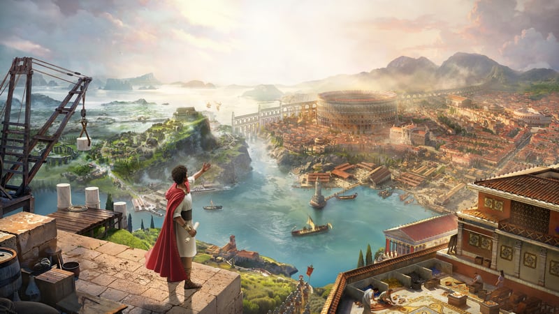 Anno 117: Pax Romana cityscape with aqueducts and Colosseum