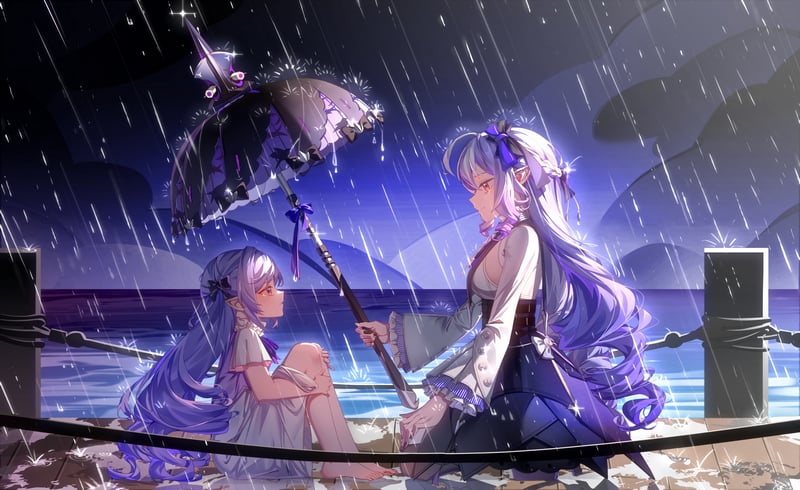 Vivian and a child under an umbrella in the rain