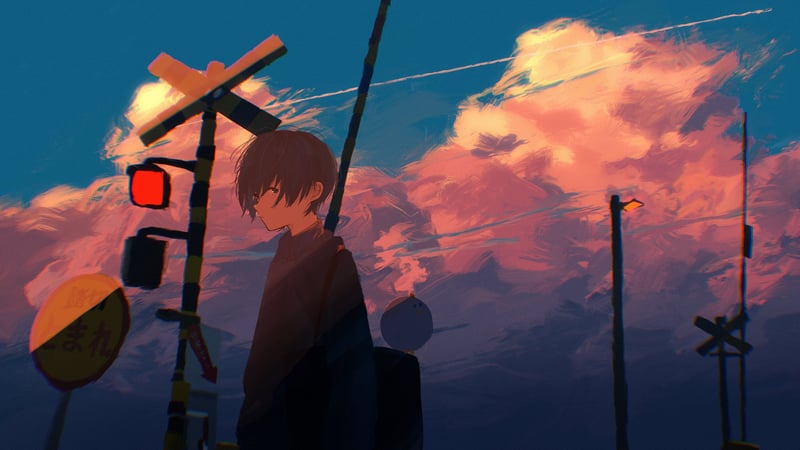 Anime boy at a railroad crossing during sunset