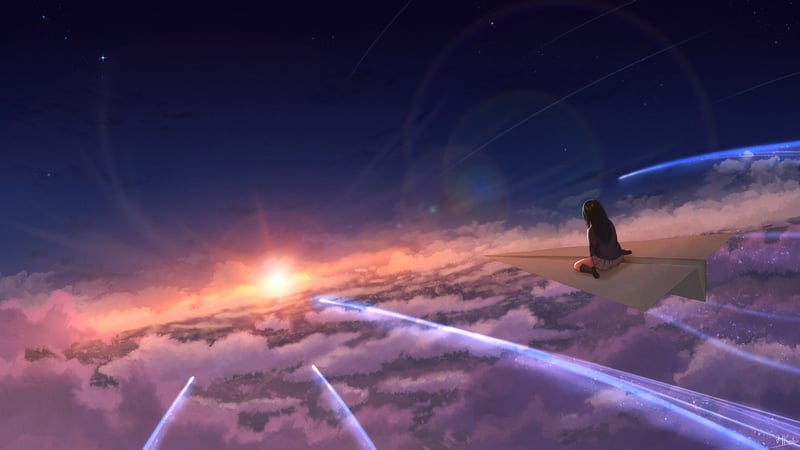 Anime girl on a paper plane flying through the sky at sunset