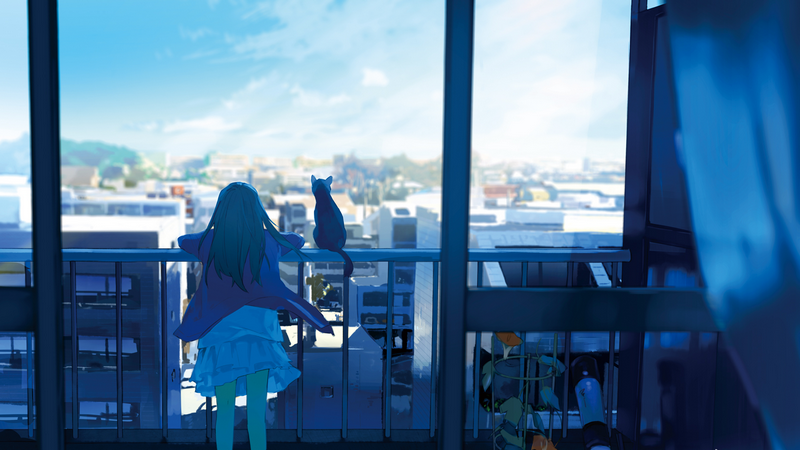 Anime girl and cat on balcony overlooking city