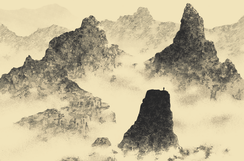 Miyamoto Musashi on a mountain peak in the mist