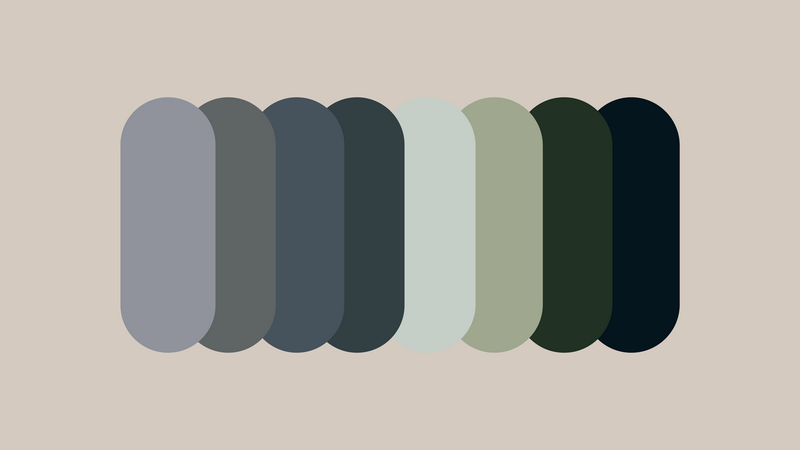 Color palette with shades of gray, blue, and green