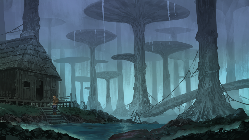 Made in Abyss: Girl on steps in a rainy forest
