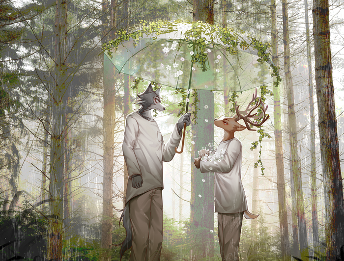 Legosi and Louis under a floral umbrella in the rain
