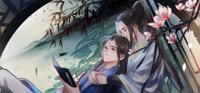 Two men in traditional Chinese attire in a garden