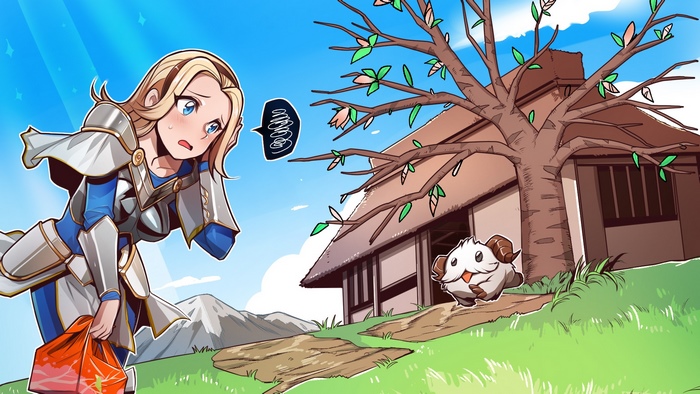 Lux and a Poro near a house in the mountains