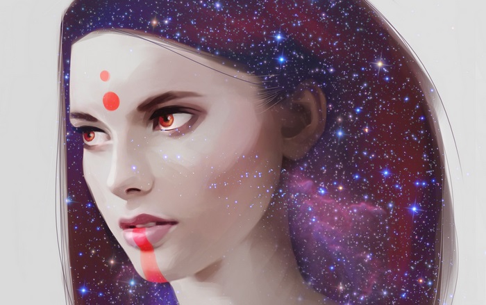 Fantasy woman with galaxy hair and red markings