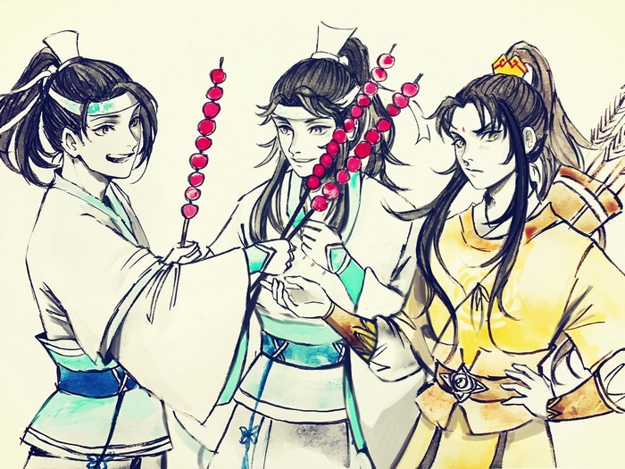 Lan Sizhui, Jin Ling, and Lan Jingyi with candied hawthorns