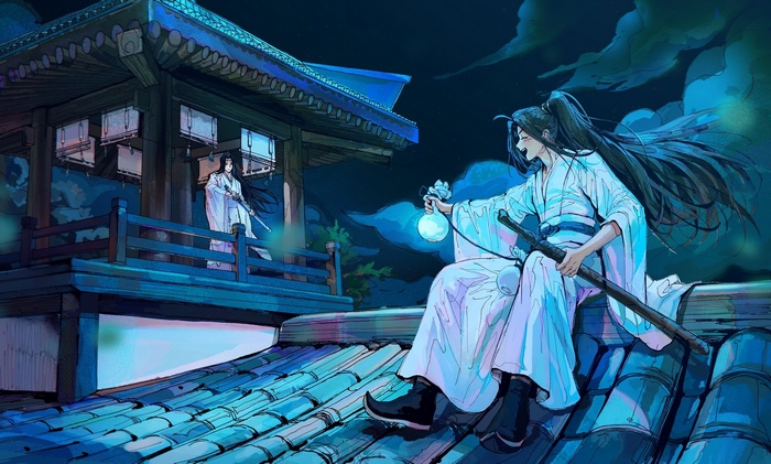 Wei Wuxian and Lan Wangji on a rooftop at night