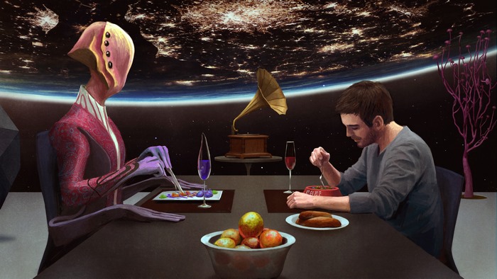 Alien and human dining with Earth in background