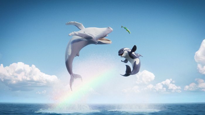 Humpback whale and orca leaping in The Last Whale Singer