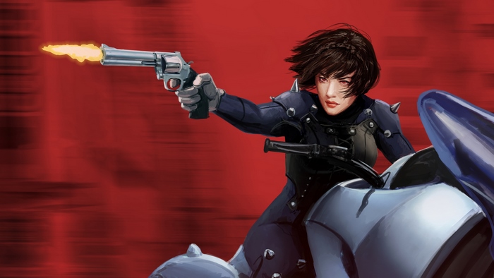 Makoto Niijima riding a motorcycle and firing a gun