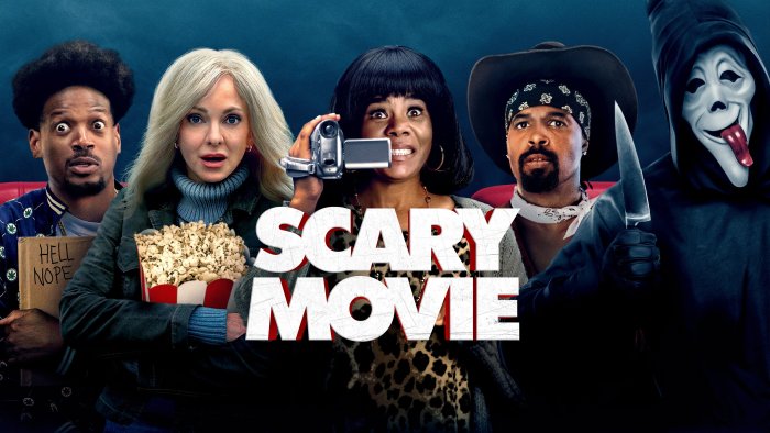Scary Movie cast with Cindy, Brenda, Shorty, and Ghostface