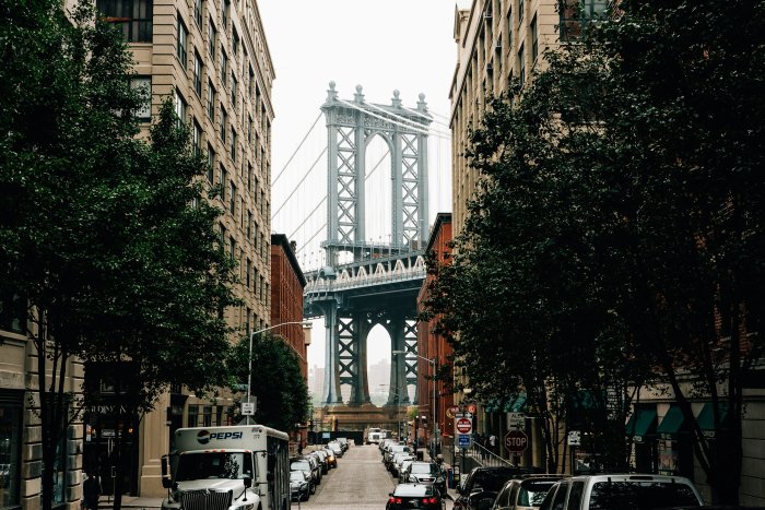 Manhattan Bridge Framed by Buildings in DUMBO Brooklyn