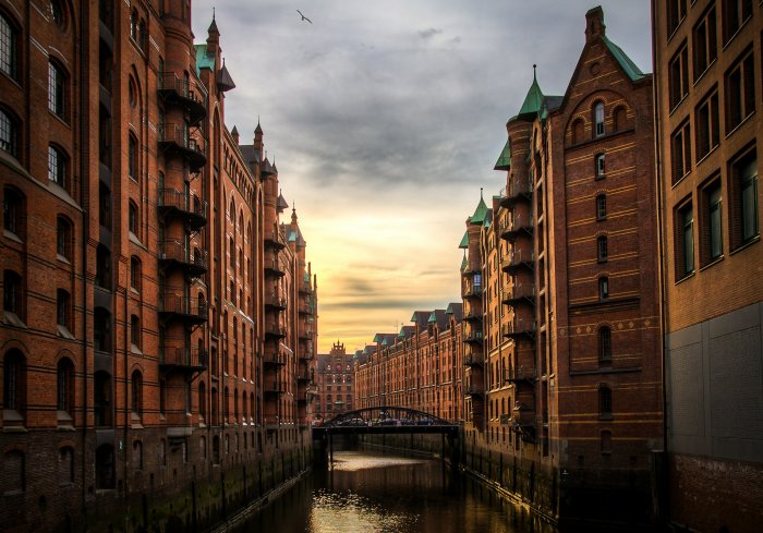 Speicherstadt District in Hamburg Germany at Sunset