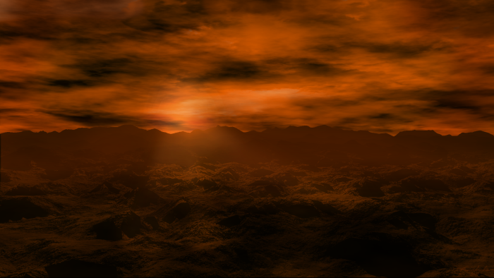 Barren alien planet landscape under orange cloudy sky