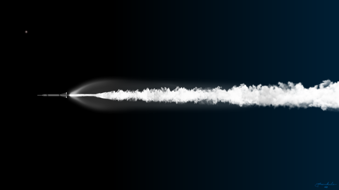 Rocket flying horizontally leaving a long smoke trail