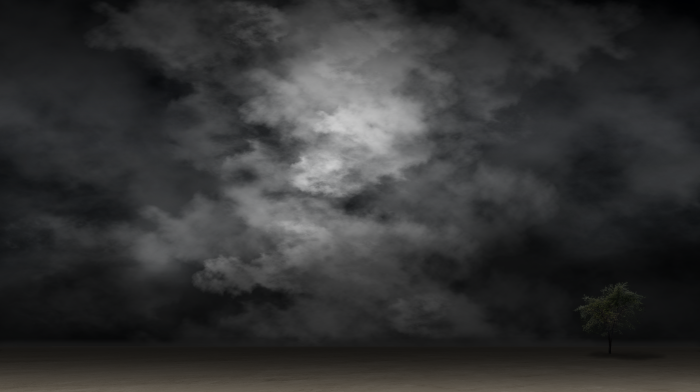 Single tree under dark dramatic storm clouds