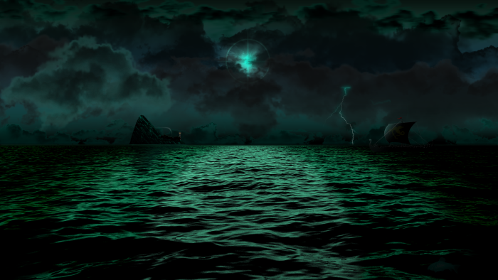 Eerie green stormy sea with a Viking longship