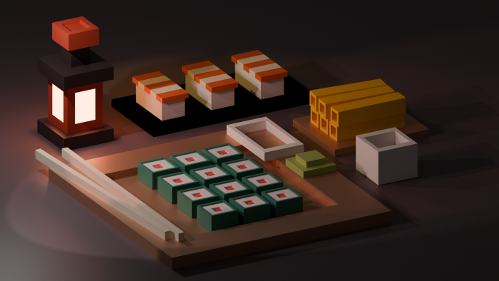 3D Voxel Sushi Set with Lantern and Chopsticks