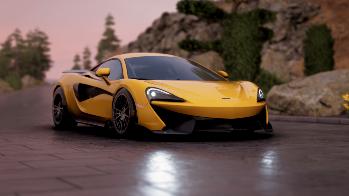 Yellow McLaren Sports Car on Wet Pavement