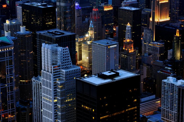 Aerial view of Chicago skyline at night