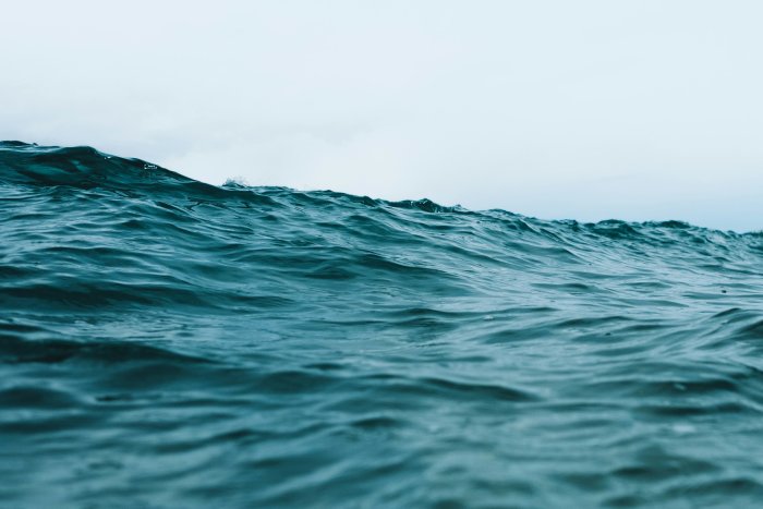 Deep blue ocean waves under an overcast sky