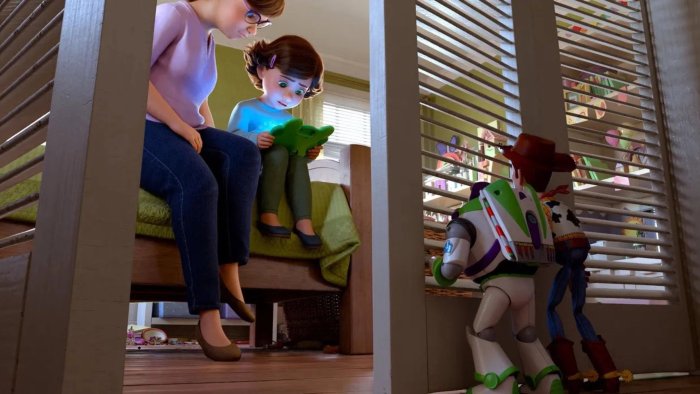 Woody and Buzz watching Bonnie in Toy Story 5