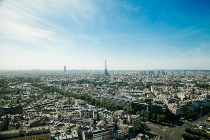 Aerial view of Paris skyline with Eiffel Tower