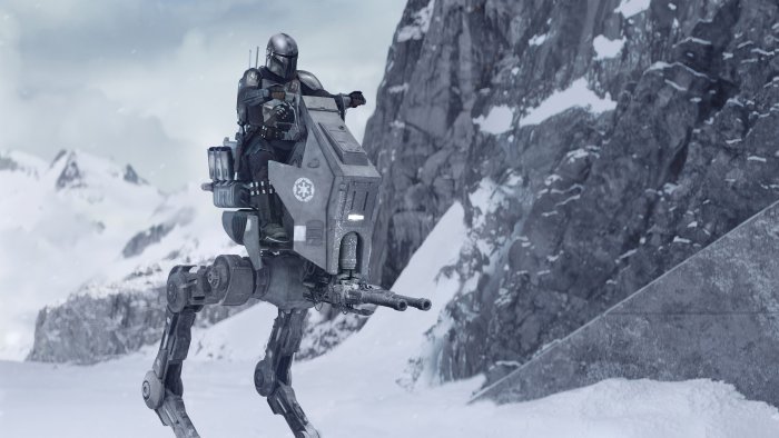 The Mandalorian riding an Imperial walker in Star Wars