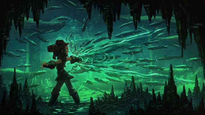 Girl casting green magic in an underwater cave
