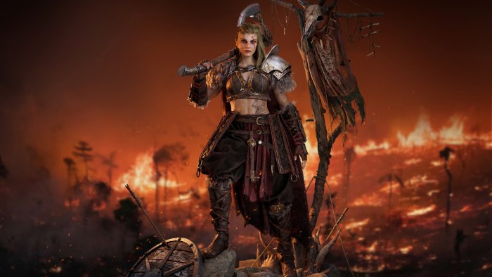 Female Viking Warrior with Axe in Burning Forest