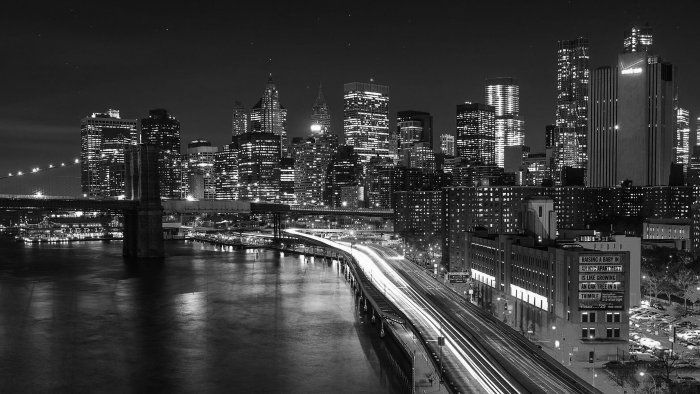 Black and White New York City Skyline at Night