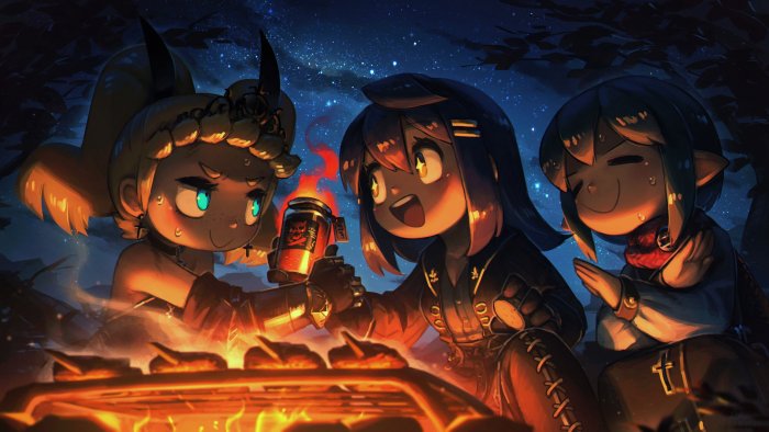 Three Anime Girls Cooking Around a Campfire by Porforever