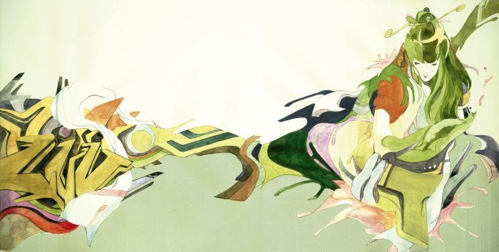 Watercolor Illustration of a Green-Haired Anime Girl